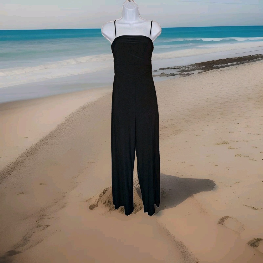 Cefian Women's M Jumpsuit Black Spaghetti Straps Wide-leg Ruched‎ Top Polyester